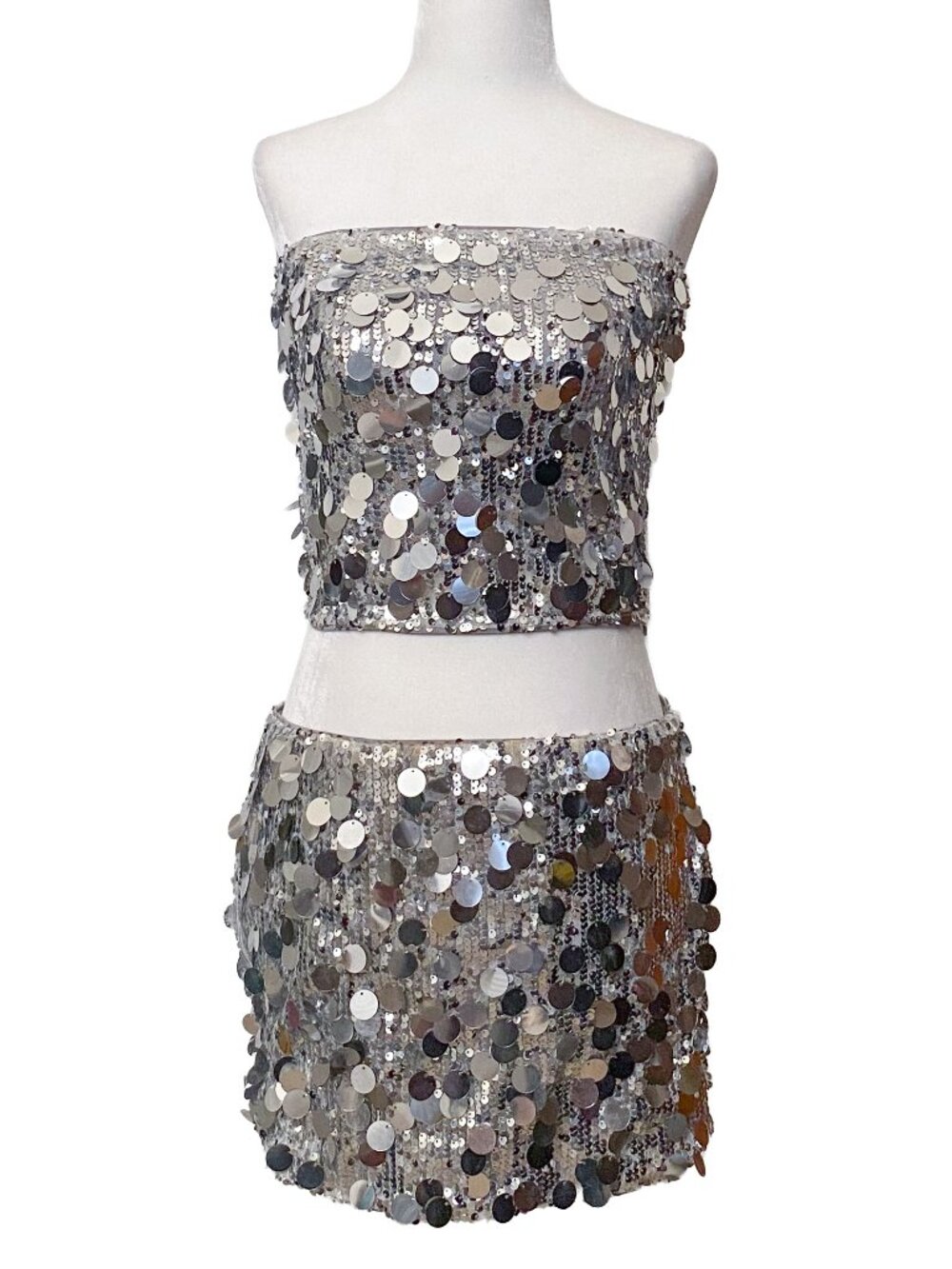 PRINCESS POLLY Riego Silver Sequin & Paillette Strapless Crop Top Size 4